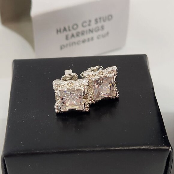 Avon Halo Cubic Zirconia Stud Earrings Princess Cut x 4 NEW - Picture 1 of 10